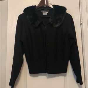 Black long sleeve sweater with black faux far